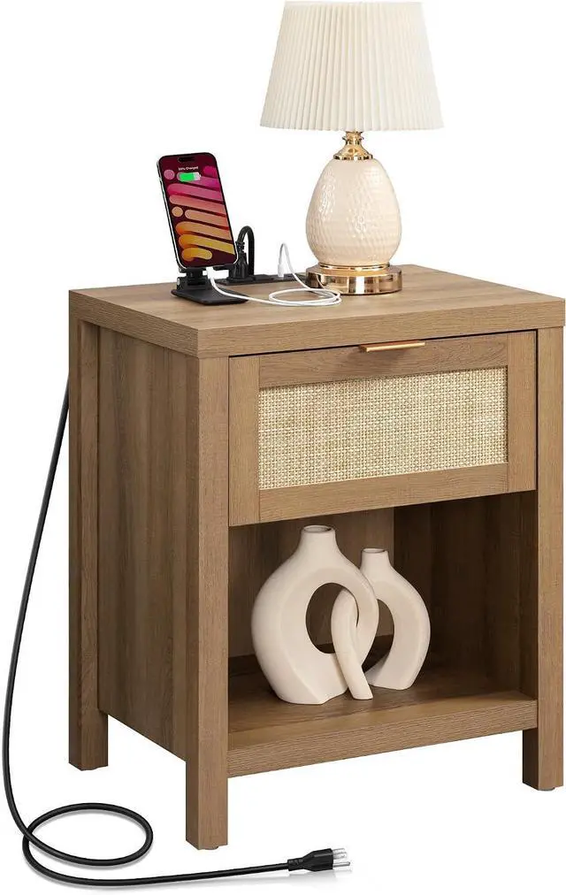 Main image of SICOTAS Rattan Night Stand with Charging Station Farmhouse Nightstand