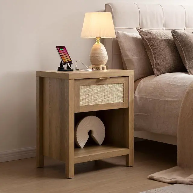 Alt view image 2 of 7 - SICOTAS Rattan Night Stand with Charging Station Farmhouse Nightstand