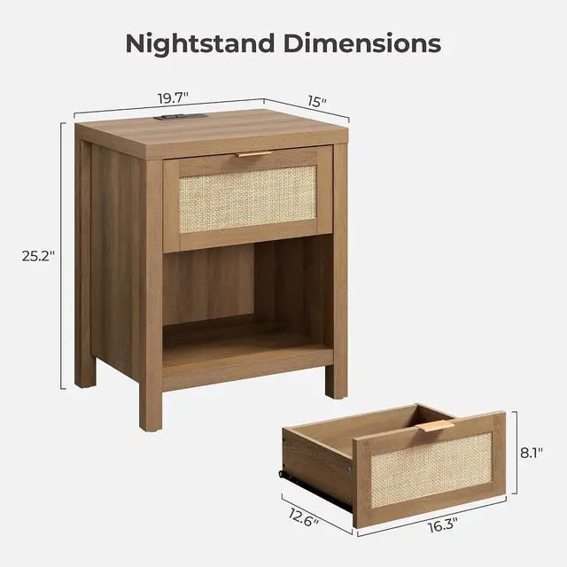 Alt view image 3 of 7 - SICOTAS Rattan Night Stand with Charging Station Farmhouse Nightstand