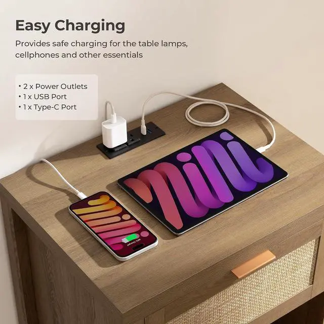 Alt view image 5 of 7 - SICOTAS Rattan Night Stand with Charging Station Farmhouse Nightstand
