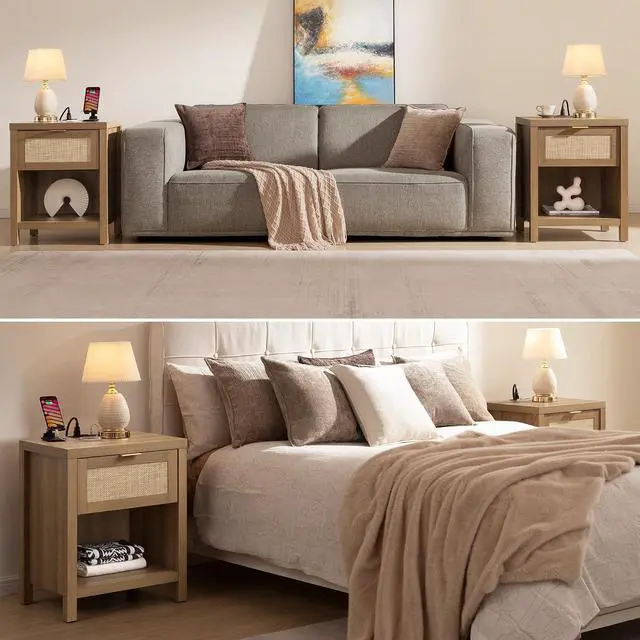 Alt view image 6 of 7 - SICOTAS Rattan Night Stand with Charging Station Farmhouse Nightstand