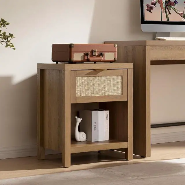 Alt view image 7 of 7 - SICOTAS Rattan Night Stand with Charging Station Farmhouse Nightstand