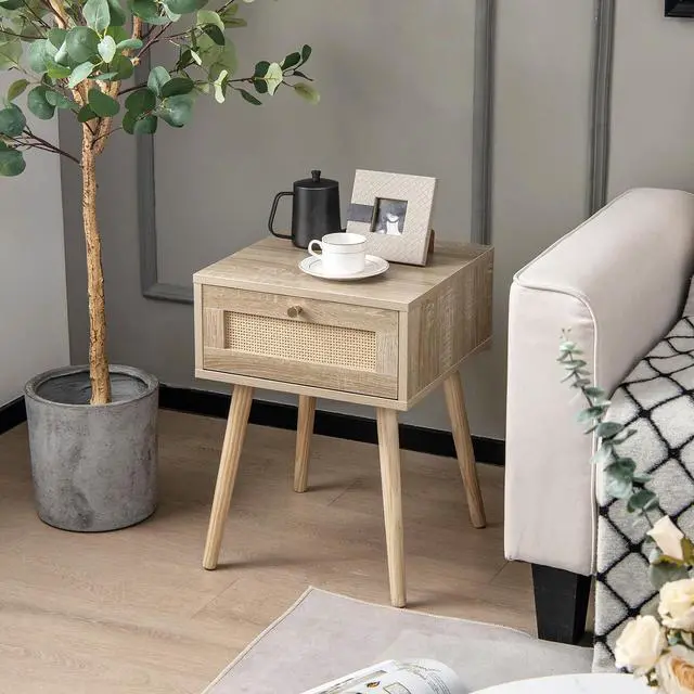 Alt view image 2 of 7 - Giantex Boho Rattan Nightstand, Mid Century Wood Night Stands with Rattan Weaving Drawer, Bedside Table with Solid Wood Legs, End Side Table for Bedroom Storage, Natural