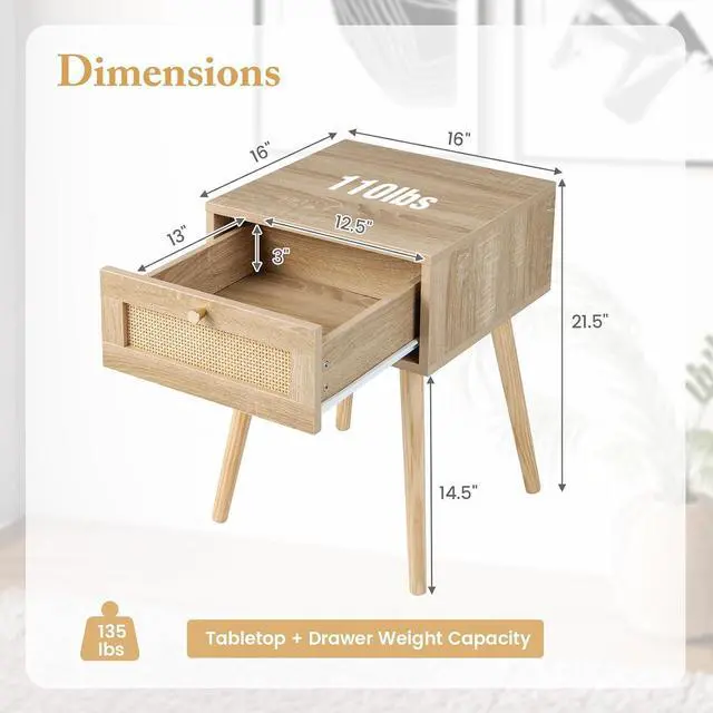 Alt view image 3 of 7 - Giantex Boho Rattan Nightstand, Mid Century Wood Night Stands with Rattan Weaving Drawer, Bedside Table with Solid Wood Legs, End Side Table for Bedroom Storage, Natural