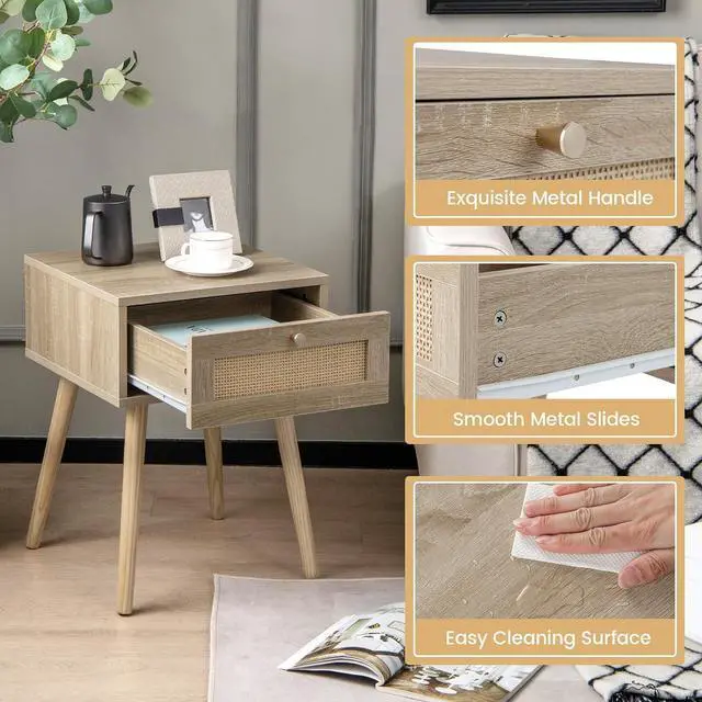 Alt view image 4 of 7 - Giantex Boho Rattan Nightstand, Mid Century Wood Night Stands with Rattan Weaving Drawer, Bedside Table with Solid Wood Legs, End Side Table for Bedroom Storage, Natural