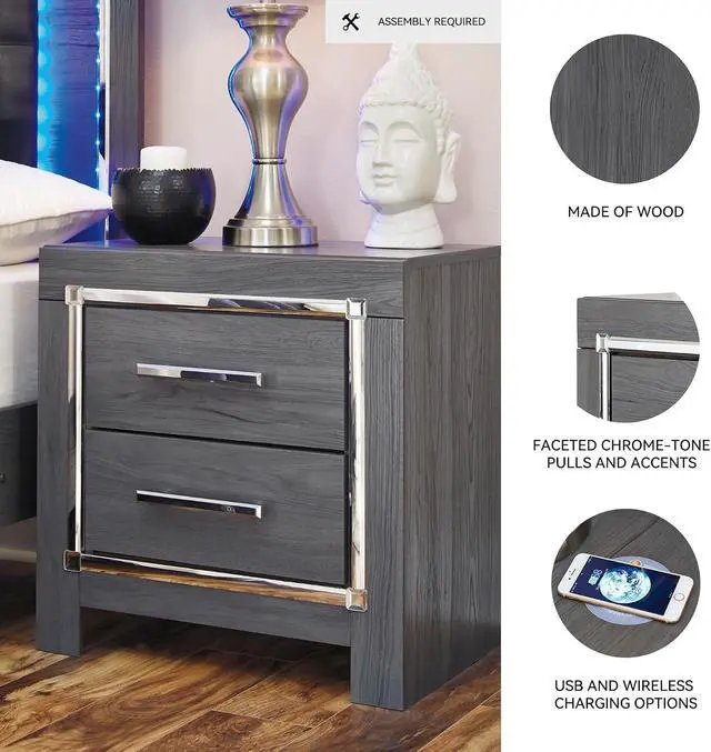Alt view image 4 of 7 - Signature Design by Ashley 2 Drawer Nightstand with Charging Station, Gray