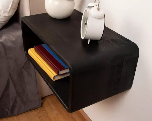 Alt view image 3 of 7 - Floating Nightstand Wooden, Bedside Table, Nightstand Shelf, Handmade, Wall Mounted Bedside Shelf, Minimalist and Unique Style (Black)