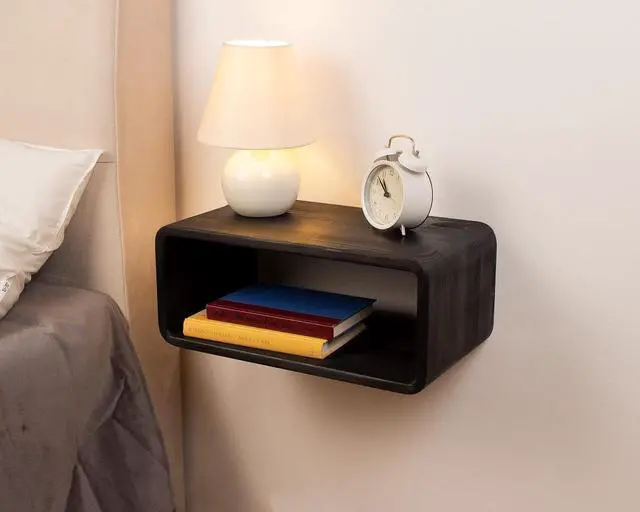 Alt view image 4 of 7 - Floating Nightstand Wooden, Bedside Table, Nightstand Shelf, Handmade, Wall Mounted Bedside Shelf, Minimalist and Unique Style (Black)