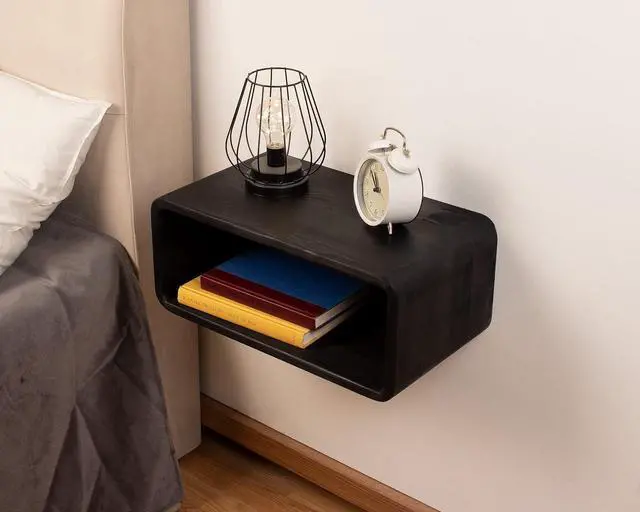Alt view image 6 of 7 - Floating Nightstand Wooden, Bedside Table, Nightstand Shelf, Handmade, Wall Mounted Bedside Shelf, Minimalist and Unique Style (Black)