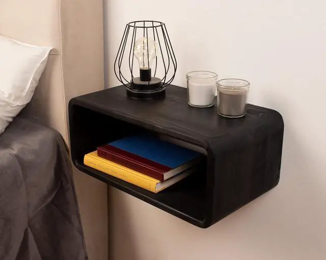Alt view image 7 of 7 - Floating Nightstand Wooden, Bedside Table, Nightstand Shelf, Handmade, Wall Mounted Bedside Shelf, Minimalist and Unique Style (Black)