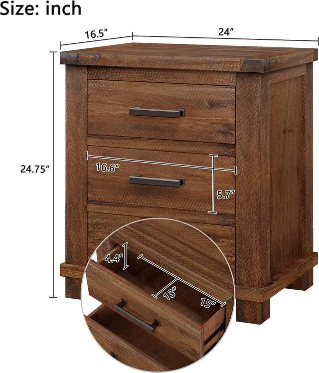 Alt view image 2 of 5 - Knocbel Farmhouse Nightstand with 3 Storage Drawers, Wood Bedside Table Night Stand Sofa Side End Table with Metal Handles, Fully Assembled