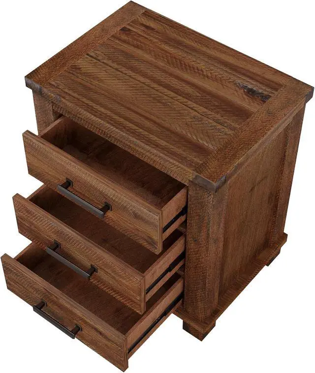 Alt view image 4 of 5 - Knocbel Farmhouse Nightstand with 3 Storage Drawers, Wood Bedside Table Night Stand Sofa Side End Table with Metal Handles, Fully Assembled