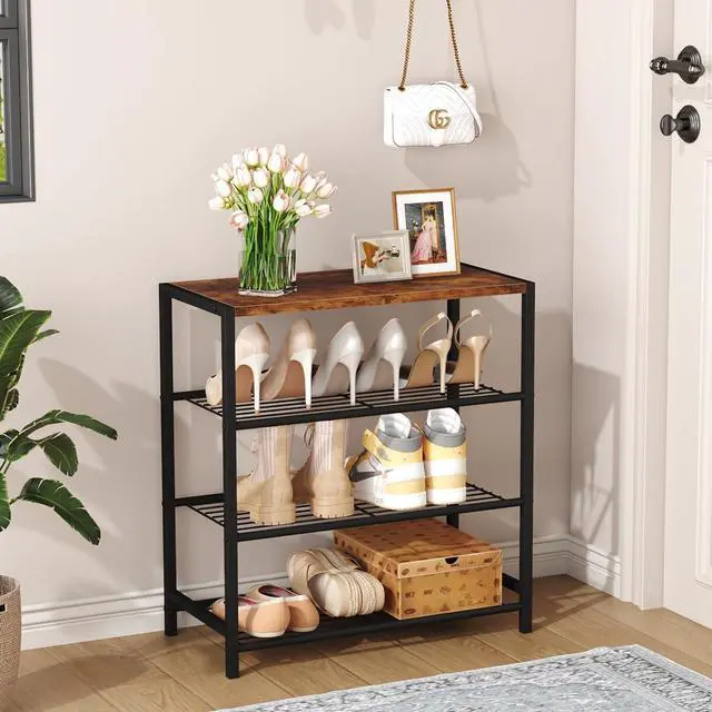 Alt view image 2 of 7 - HOMEFORT 4-Tier Shoe Rack Organizer, Shoe Tower for Closet, Shoe Storage Shelf with MDF Top Board, Each Tier Fits 3 Pairs of Shoes, Entryway Shoes Organizer with Sturdy Metal Shelves, Rustic Brown