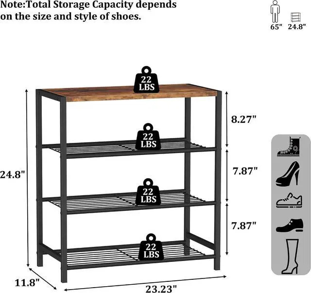 Alt view image 3 of 7 - HOMEFORT 4-Tier Shoe Rack Organizer, Shoe Tower for Closet, Shoe Storage Shelf with MDF Top Board, Each Tier Fits 3 Pairs of Shoes, Entryway Shoes Organizer with Sturdy Metal Shelves, Rustic Brown