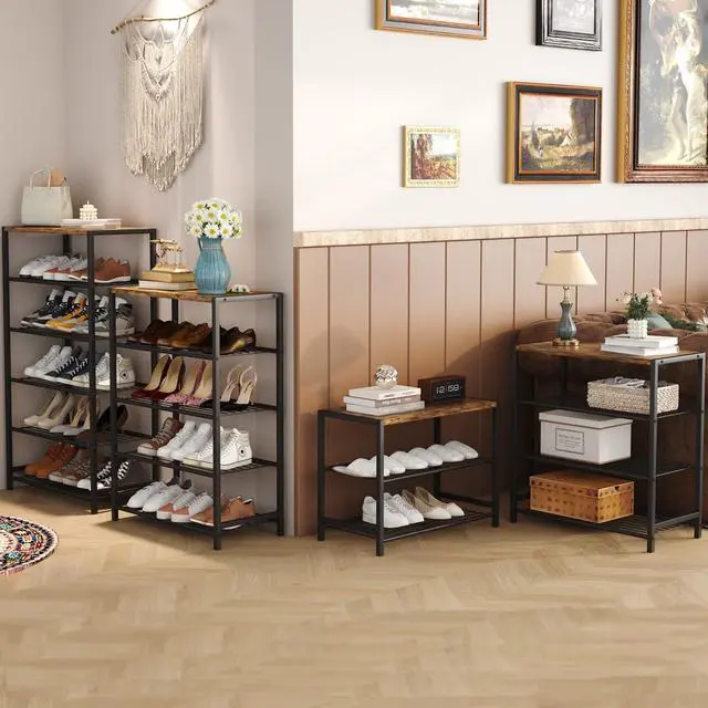 Alt view image 6 of 7 - HOMEFORT 4-Tier Shoe Rack Organizer, Shoe Tower for Closet, Shoe Storage Shelf with MDF Top Board, Each Tier Fits 3 Pairs of Shoes, Entryway Shoes Organizer with Sturdy Metal Shelves, Rustic Brown