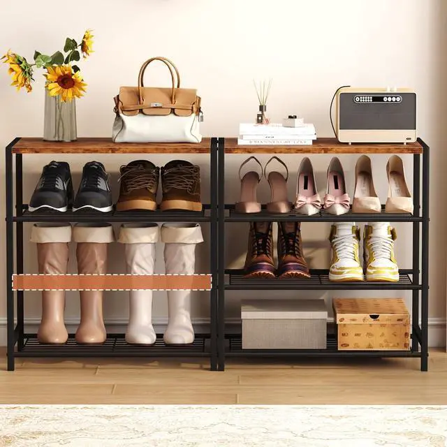 Alt view image 7 of 7 - HOMEFORT 4-Tier Shoe Rack Organizer, Shoe Tower for Closet, Shoe Storage Shelf with MDF Top Board, Each Tier Fits 3 Pairs of Shoes, Entryway Shoes Organizer with Sturdy Metal Shelves, Rustic Brown