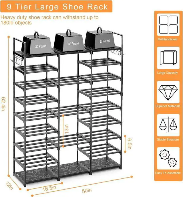 Alt view image 3 of 7 - Kottwca 9-Tier Metal Shoe Rack Organizer for 50-55 Pairs - Space Saving Shoe Storage Shelf for Entryway, Closet, Bedroom, Hallway