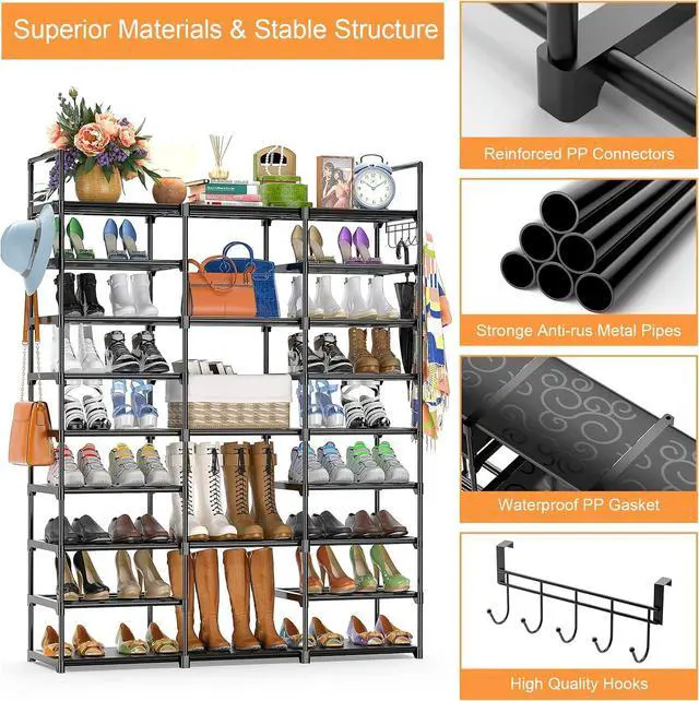 Alt view image 7 of 7 - Kottwca 9-Tier Metal Shoe Rack Organizer for 50-55 Pairs - Space Saving Shoe Storage Shelf for Entryway, Closet, Bedroom, Hallway