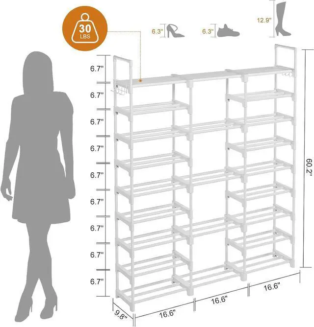 Alt view image 3 of 7 - WOWLIVE 9 Tier 3-Column Shoe Rack, 50-55 Pairs Stackable White