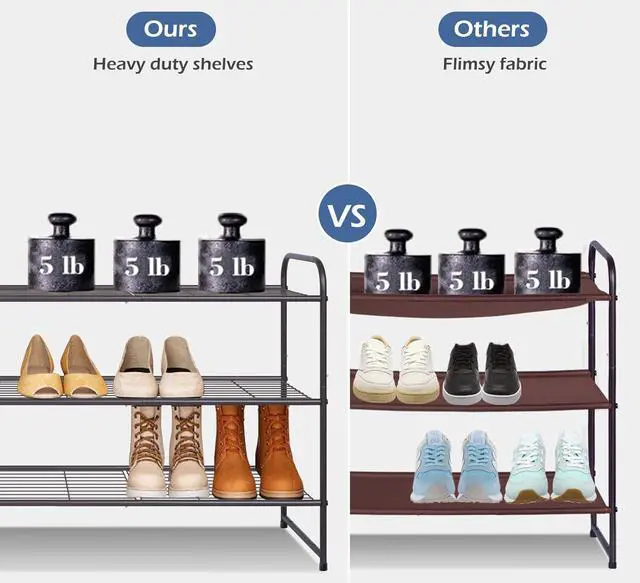 Alt view image 3 of 6 - KEETDY Long 3 Tier Shoe Rack for Closet Wide Shoe Storage Organizer Stackable Metal Shoe Shelf for 24 Pairs Men Sneakers with Wire Grid for Closet Floor, Bedroom, Entryway, Bronze