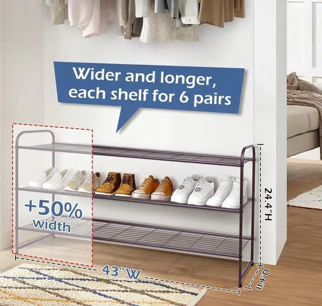 Alt view image 2 of 6 - KEETDY Long 3 Tier Shoe Rack for Closet Wide Shoe Storage Organizer Stackable Metal Shoe Shelf for 24 Pairs Men Sneakers with Wire Grid for Closet Floor, Bedroom, Entryway, Bronze