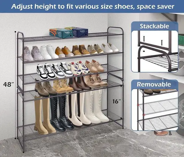 Alt view image 5 of 6 - KEETDY Long 3 Tier Shoe Rack for Closet Wide Shoe Storage Organizer Stackable Metal Shoe Shelf for 24 Pairs Men Sneakers with Wire Grid for Closet Floor, Bedroom, Entryway, Bronze