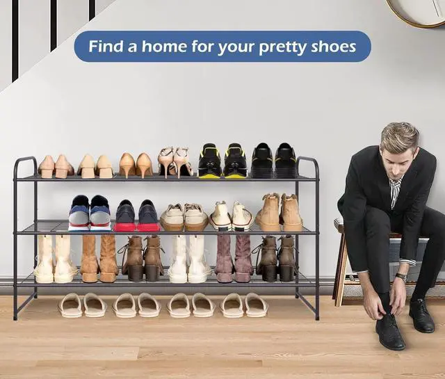Alt view image 6 of 6 - KEETDY Long 3 Tier Shoe Rack for Closet Wide Shoe Storage Organizer Stackable Metal Shoe Shelf for 24 Pairs Men Sneakers with Wire Grid for Closet Floor, Bedroom, Entryway, Bronze