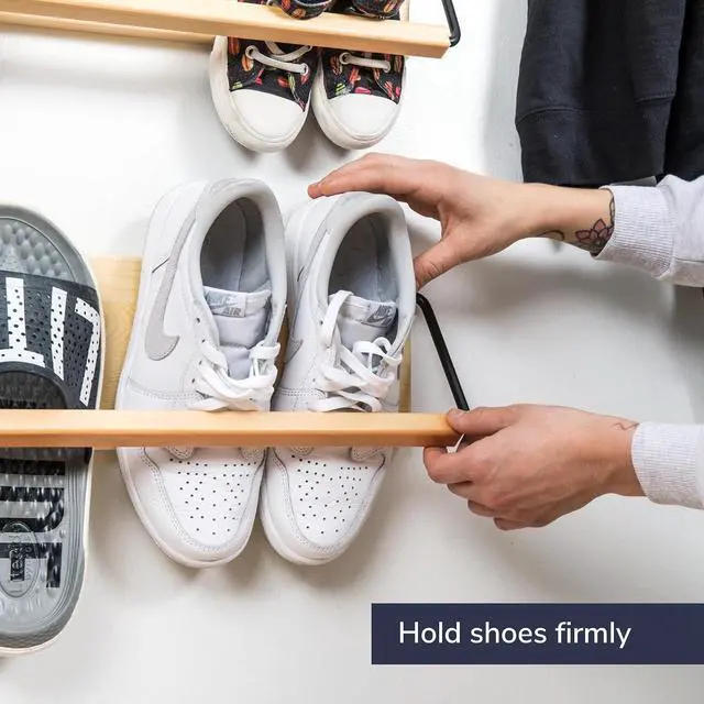 Alt view image 2 of 7 - Wall Mounted Shoe Rack - A Wooden, Modern, Slim, and Small Shoe Storage Solution for Shoes and Boots in Narrow Spaces, entryways, or hallways. (30-in-Wide)