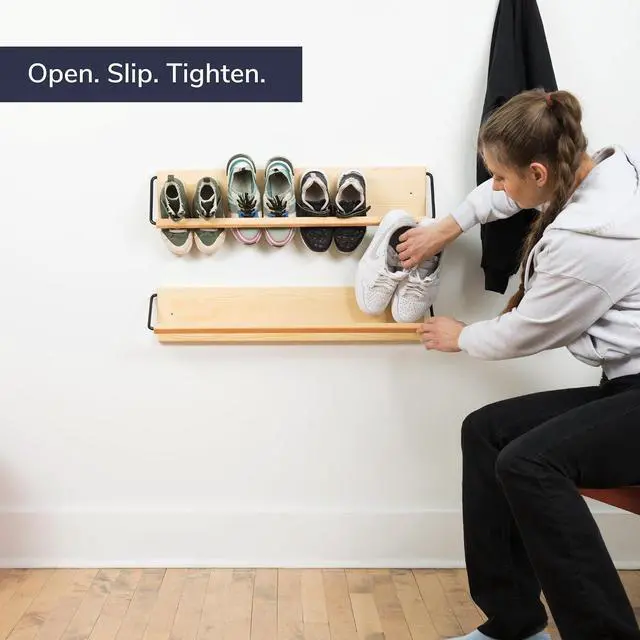Alt view image 5 of 7 - Wall Mounted Shoe Rack - A Wooden, Modern, Slim, and Small Shoe Storage Solution for Shoes and Boots in Narrow Spaces, entryways, or hallways. (30-in-Wide)