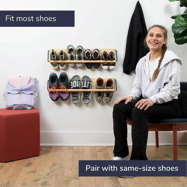 Alt view image 6 of 7 - Wall Mounted Shoe Rack - A Wooden, Modern, Slim, and Small Shoe Storage Solution for Shoes and Boots in Narrow Spaces, entryways, or hallways. (30-in-Wide)