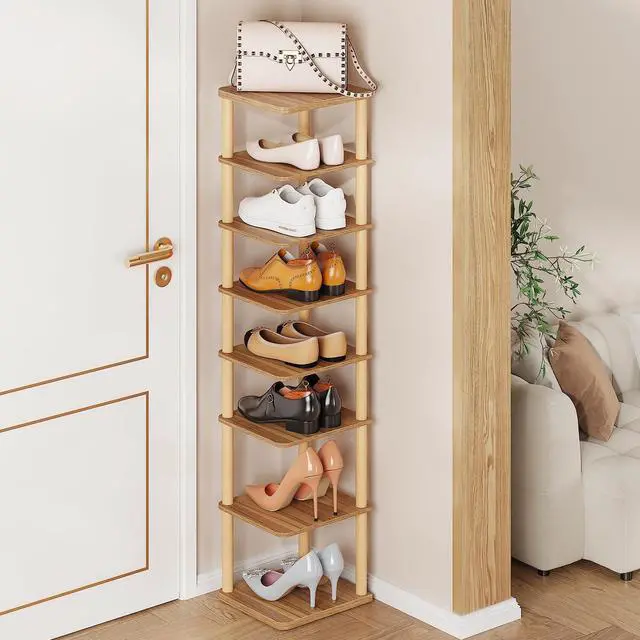 Main image of 8 Tiers Vertical Shoe Rack, Tall Narrow Shoe Tower Corner Shoe Rack, Walnut