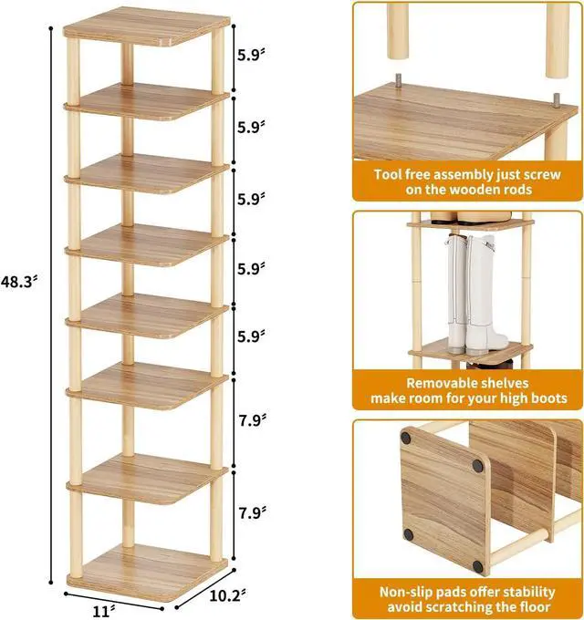 Alt view image 2 of 7 - 8 Tiers Vertical Shoe Rack, Tall Narrow Shoe Tower Corner Shoe Rack, Walnut