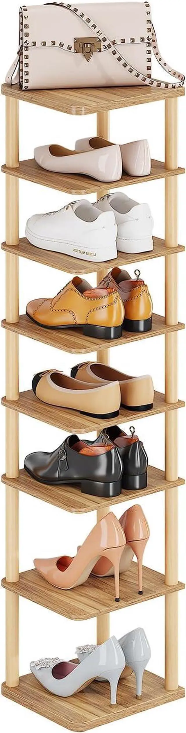 Alt view image 3 of 7 - 8 Tiers Vertical Shoe Rack, Tall Narrow Shoe Tower Corner Shoe Rack, Walnut