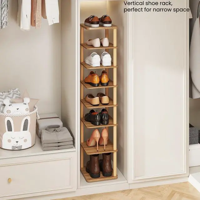 Alt view image 5 of 7 - 8 Tiers Vertical Shoe Rack, Tall Narrow Shoe Tower Corner Shoe Rack, Walnut