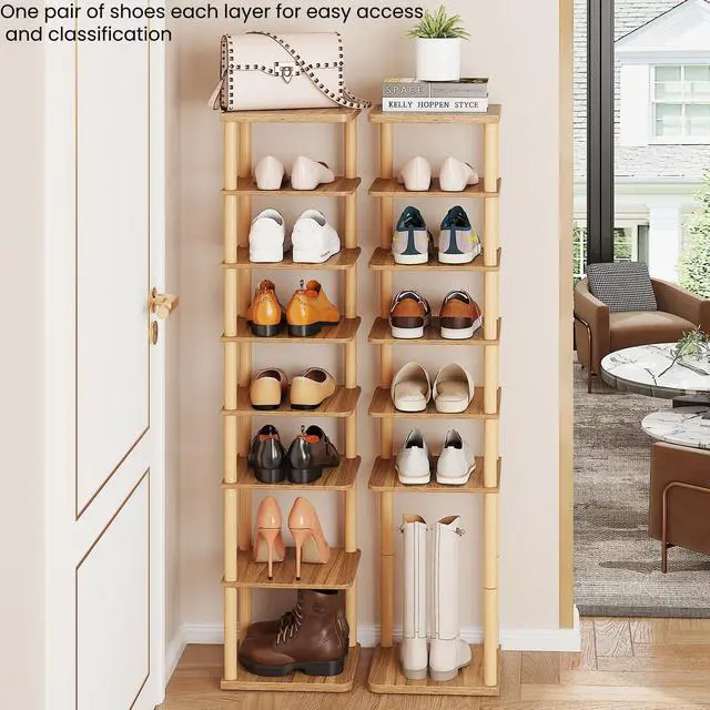 Alt view image 4 of 7 - 8 Tiers Vertical Shoe Rack, Tall Narrow Shoe Tower Corner Shoe Rack, Walnut