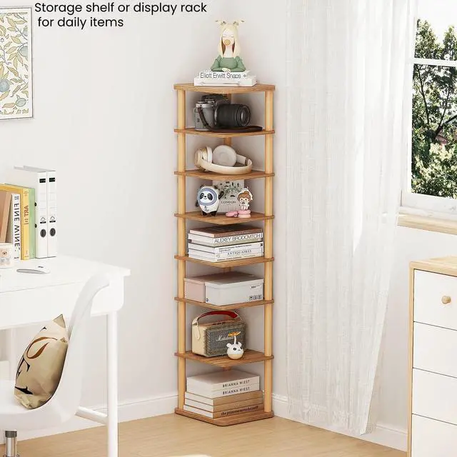 Alt view image 6 of 7 - 8 Tiers Vertical Shoe Rack, Tall Narrow Shoe Tower Corner Shoe Rack, Walnut