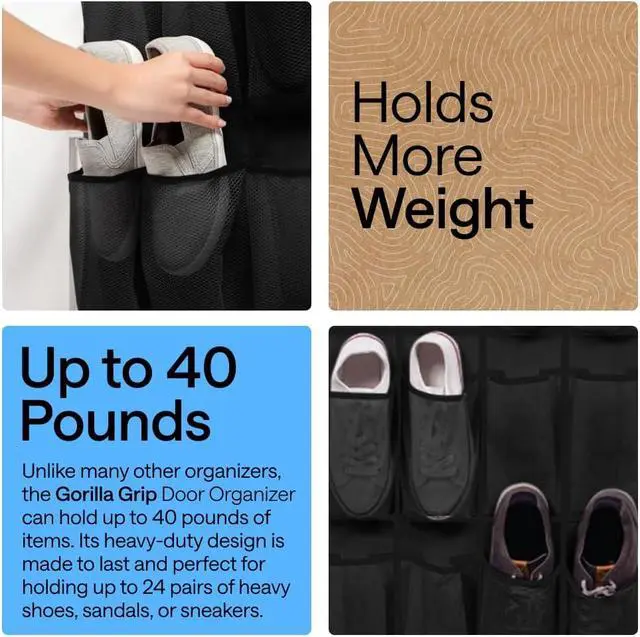 Alt view image 3 of 7 - GORILLA GRIP Over the Door Shoe Organizer, 24 Large Pockets, Black 2 Pack
