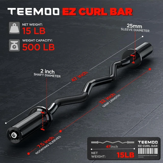 Alt view image 3 of 7 - TEEMOO Olympic EZ Curl Barbell Bar, 47" Curl Bar for 2 inch Weight Plates