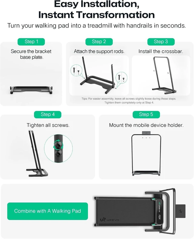 Alt view image 6 of 7 - UREVO Walking Pad Handle Bar Only, Universal Compatible for Walking Pads 23.6'' Wide, Transform WalkingPad Into a Treadmill in Seconds, Easy Moving with Wheels, Quick Assembly, Sturdy Design