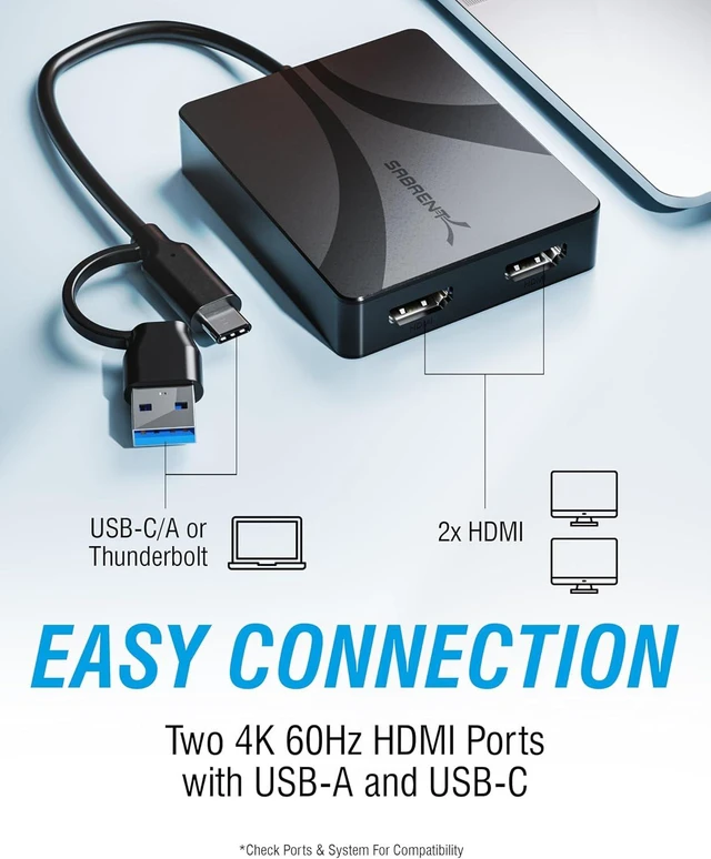 Alt view image 3 of 7 - SABRENT USB Type-C/A to Dual HDMI Adapter, 4K@60Hz, Extended & Mirror Modes, Alt Mode + DisplayLink Compatible, Stereo/5.1 Audio, HDCP Support, Aluminum Housing, Plug & Play, (DA-CA2H)