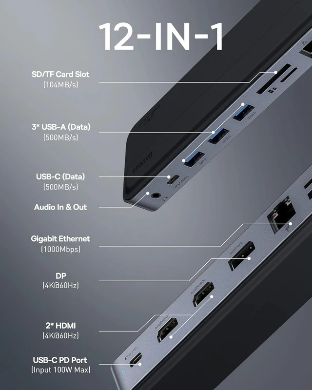 Alt view image 2 of 7 - Baseus 11-in-1 Docking Station, USB C Hub, Triple Screen, USB C Adapter with 2 4K HDMI, 3 USB 3.0, Type C Power Supply, VGA, SD/TF Card Reader, Ethernet, 3.5mm Audio for MacBook Pro/Air and Type C