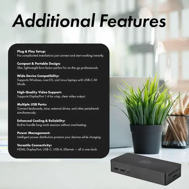 Alt view image 3 of 7 - Dell Universal Dock UD22, USB-C Docking Station with 96W Power Delivery, Quad 4K Display Support, USB 3.2 Gen 2, HDMI, Dual DisplayPort, Ethernet Bundle with Accessories