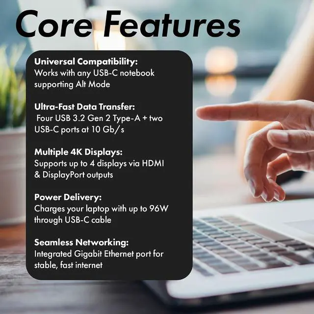 Alt view image 4 of 7 - Dell Universal Dock UD22, USB-C Docking Station with 96W Power Delivery, Quad 4K Display Support, USB 3.2 Gen 2, HDMI, Dual DisplayPort, Ethernet Bundle with Accessories