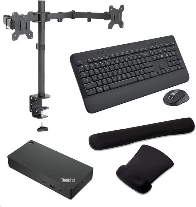 Main image of Lenovo ThinkPad Thunderbolt 4 Workstation Dock 230W 4K Support, HDMI, USB-C, DisplayPort, Bundled with Desk Mount Dual Monitor Stand, MK650 Wireless Keyboard & Mouse, Gel Mouse & Wrist Pad