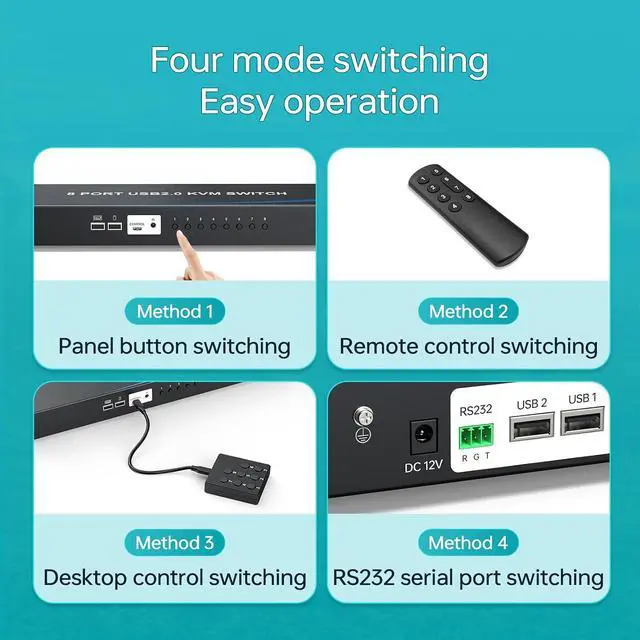 Alt view image 4 of 7 - eKL 8 Port HDMI KVM Switch, Supports 4K@30Hz, 1U Rack Mount, 4 USB 2.0 Hubs, RS232, Remote, Wired Desktop Controller with 8 HDMI KVM Cables, Rack Ears