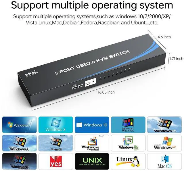 Alt view image 6 of 7 - eKL 8 Port HDMI KVM Switch, Supports 4K@30Hz, 1U Rack Mount, 4 USB 2.0 Hubs, RS232, Remote, Wired Desktop Controller with 8 HDMI KVM Cables, Rack Ears