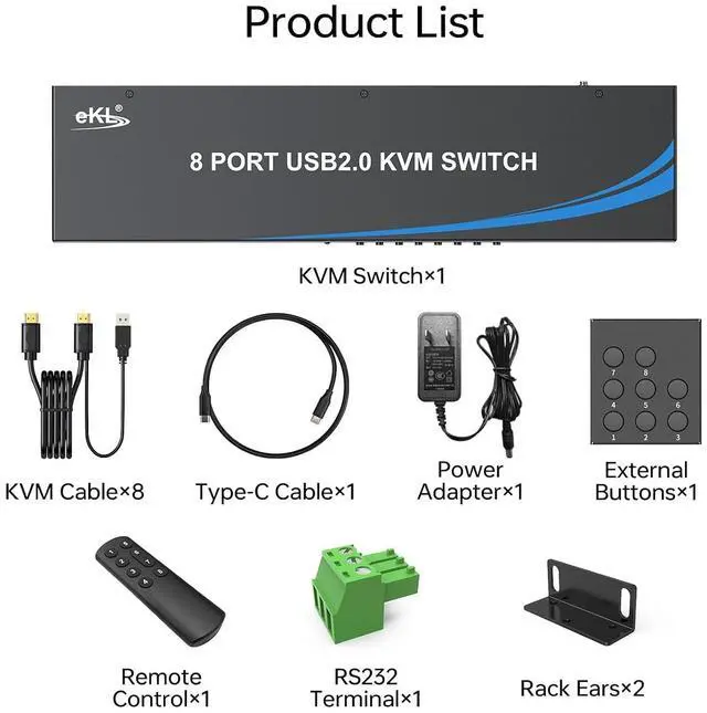 Alt view image 7 of 7 - eKL 8 Port HDMI KVM Switch, Supports 4K@30Hz, 1U Rack Mount, 4 USB 2.0 Hubs, RS232, Remote, Wired Desktop Controller with 8 HDMI KVM Cables, Rack Ears