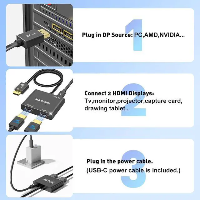 Alt view image 6 of 7 - 4K@60Hz DisplayPort to Dual HDMI Adapter DP 1.4 Source to HDMI 2.0 Splitter for Dual Monitors Display Port to HDMI Splitter 1 in 2 Out Extended Display for PC Graphic Card