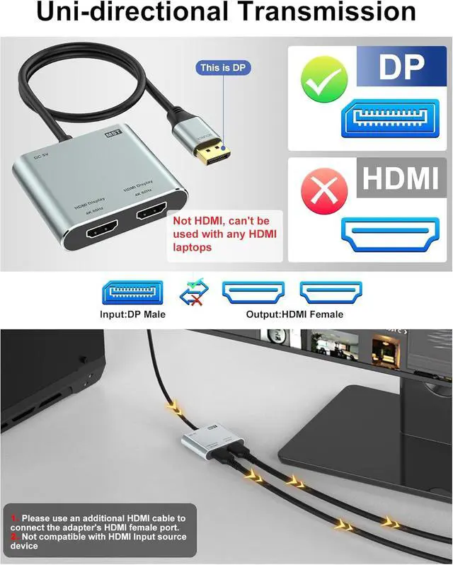 Alt view image 4 of 7 - DisplayPort to Dual HDMI Adapter 4K@60Hz HDMI Splitter Extended Display 1 in 2 Out MST Hub for Dual Monitors Display Port to HDMI Splitter for PC Graphic Card
