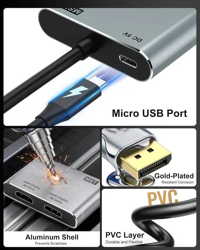 Alt view image 7 of 7 - DisplayPort to Dual HDMI Adapter 4K@60Hz HDMI Splitter Extended Display 1 in 2 Out MST Hub for Dual Monitors Display Port to HDMI Splitter for PC Graphic Card